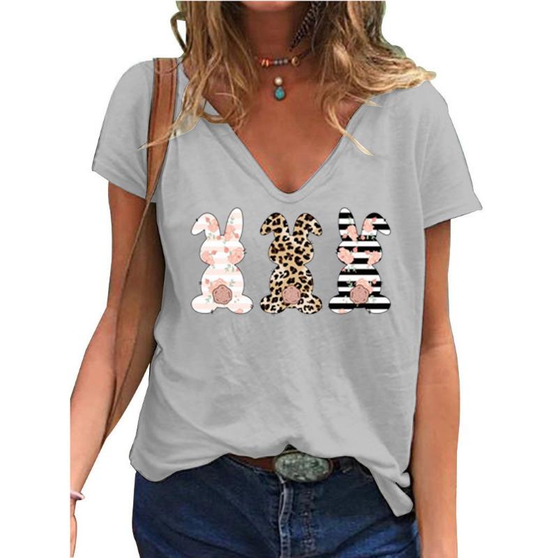 Summer New Casual Daily Versatile Pattern Rabbit 3D Printed Short Sleeved V-neck T-shirt