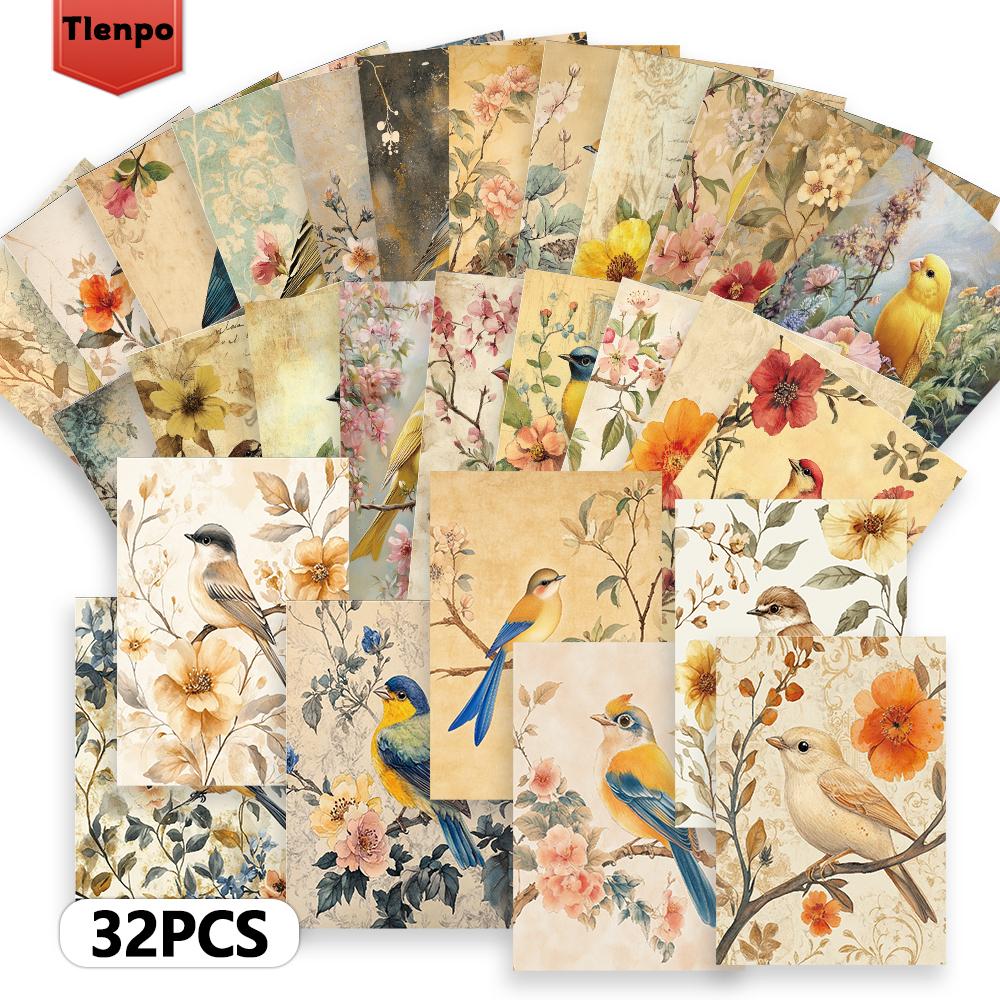 32pcs, Vintage Flower and Bird Postcards, Wall Stickers, Mailing Cards, Greeting Cards, DIY Postcards, Souvenir Postcards, Decor