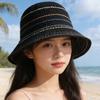 Color-Blocked Striped Knitted Hollow Fisherman Hat Vintage Style Bucket Sun Hat  Beach