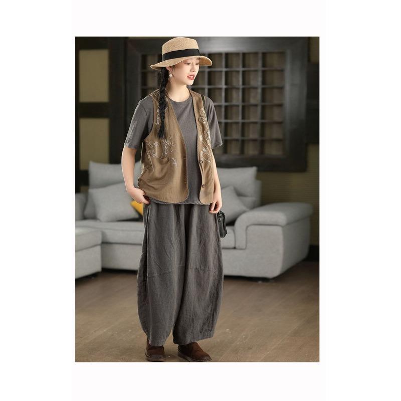 Women Floral Embroidered V Neck Button Front Cotton Vest