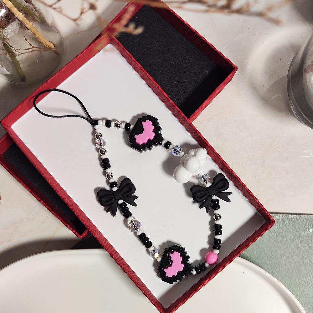 Korálkový popruh na telefon Srdce Zápěstní pásek Korálkový klíčenkový náramek, Délka: 16 cm + 5 cm