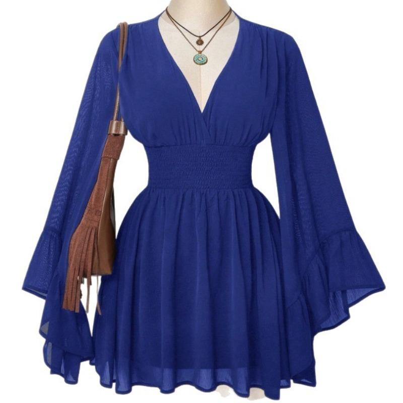European and American new deep V waist dress, horn sleeve short fashion mesh sexy solid color skirt