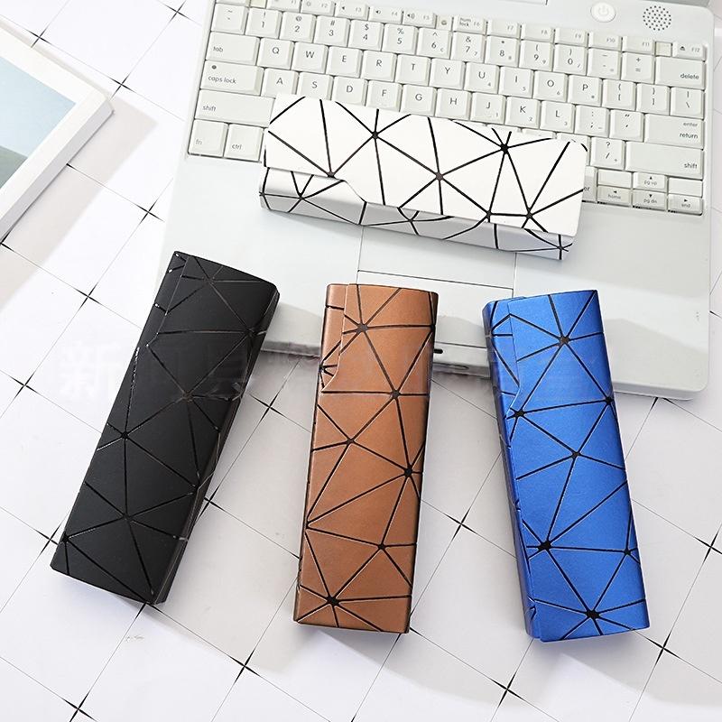 Hard Eyeglasses Case Fashion Geometric Line Decor Waterproof PU Leather Shockproof Spectacle Box for Students Teens