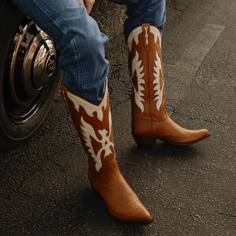 Fashion IPPEUM Western Cowboy Boots For Women Firebird Embroidery Leather Knee High Boot Country Western Brown Cowgirl Shoes Plus Size44