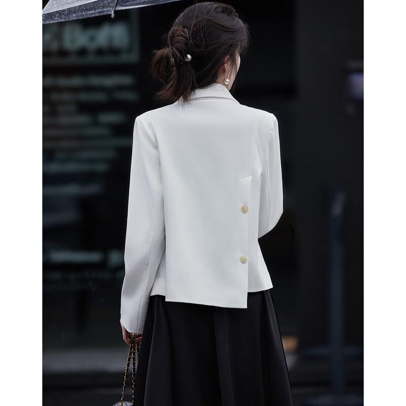 Demana CBD Chic Peaked Lapel Double-Breasted Short Blazer with Irregular Split