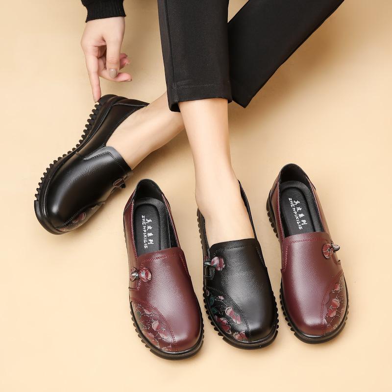 Women's Spring and Autumn PU Leather Soft Soled Single Shoes for Middle-aged and Elderly People, Comfortable Flat Bottomed Non Slip Shoes
