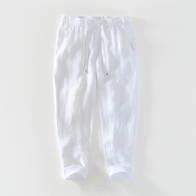 

Дышащие летние мужские пляжные брюки в японском стиле из 100% льна, мужские брюки, повседневные однотонные на кулиске, эластичная талия, прямые M белый