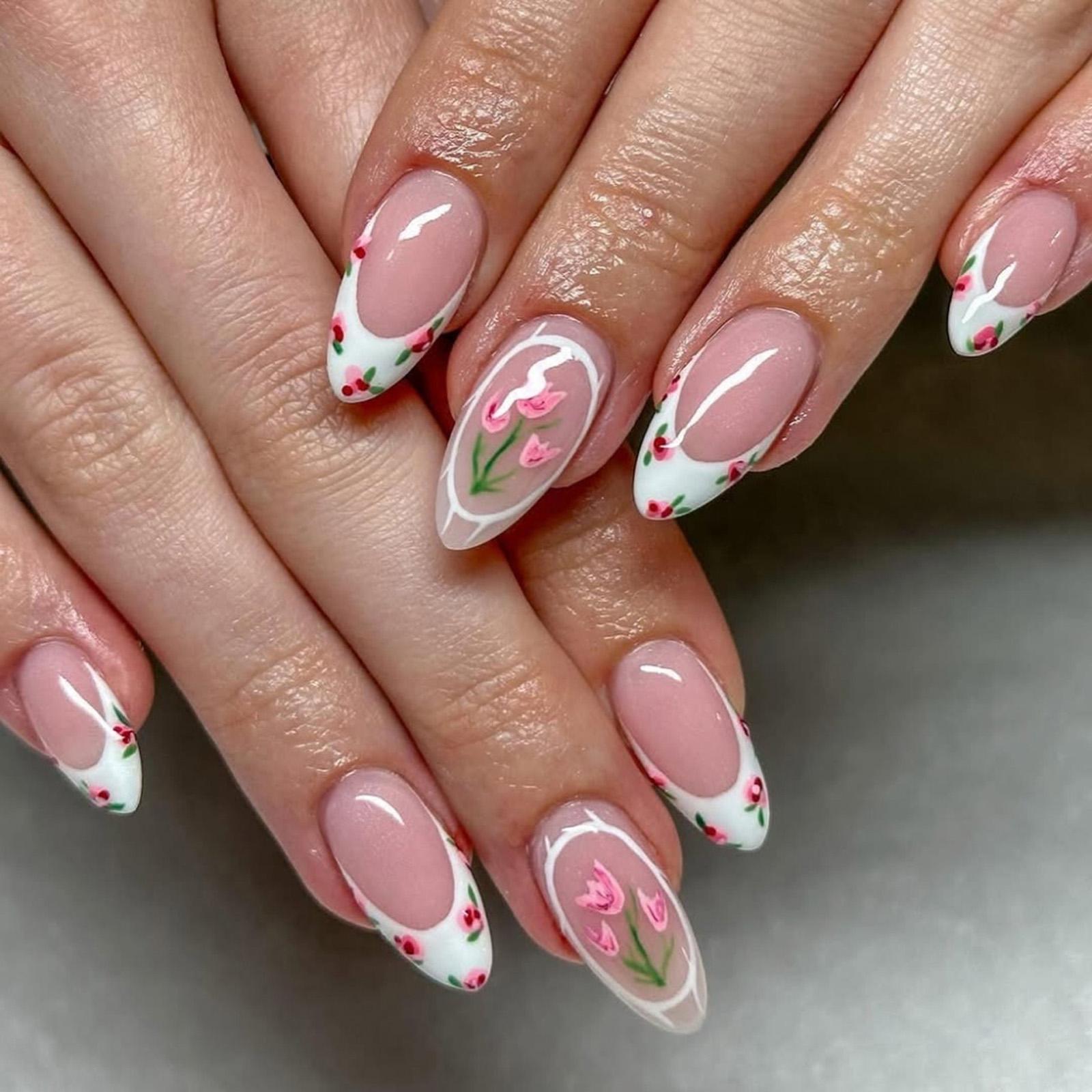 

24 шт. Накладные ногти с французским кончиком, миндалевидной формы, элегантные цветы, акриловые ногти, глянцевые, полное покрытие, самоклеящиеся