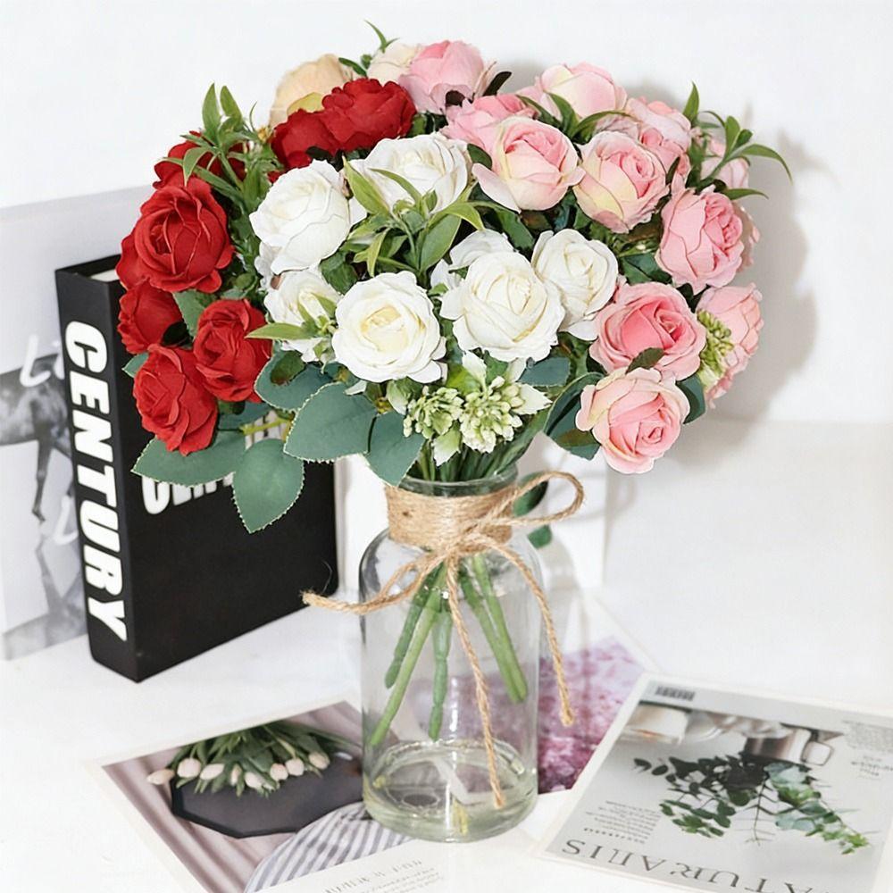 10 Heads Rose Artifcial Flower Green Leaves Multicolor Simulation Rose Flower Desktop Ornament Photo Props Floral Arragement