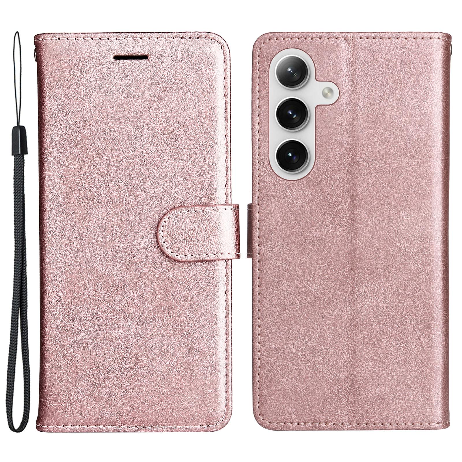 

For Samsung Galaxy S25+/S24+ Case Solid Color Leather Mobile Cover Wallet Stand with Strap Rose Gold