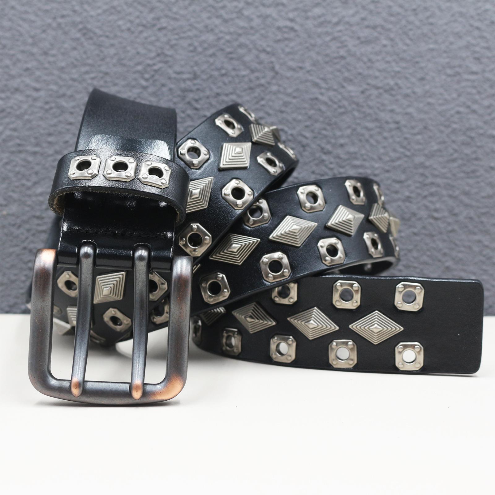 

Пояс с двойной иглой и тяжелыми заклепками из натуральной коровьей кожи, цельный ремень с отверстиями, ромбовидными гвоздями, полыми люверсами и шипами, аксессуары в американском стиле 125cm