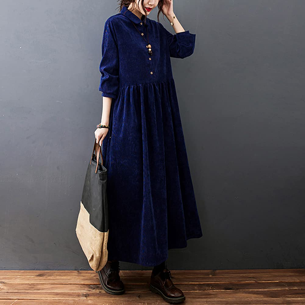 Corduroy Shirt Loose Long Maxi Plus Solid with Pockets [YYQ-SHOP] Women's Dress, Fit, Sleeves, Length, Spring, Autumn, Winter, Sizes, A-Line,