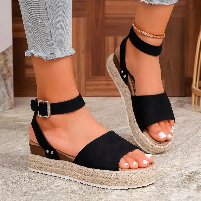 2025 Summer Women's Ankle-Wrap Rome Sandals Platform Buckle Strap Wedges Non-Slip Plus Size Soft Sole for Beach & Daily Casual