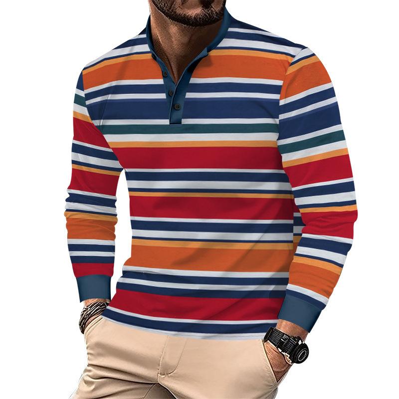 Spring Autumn Men's Striped Polo Shirts Long Sleeve Casual O-Neck Loose Tees Tops