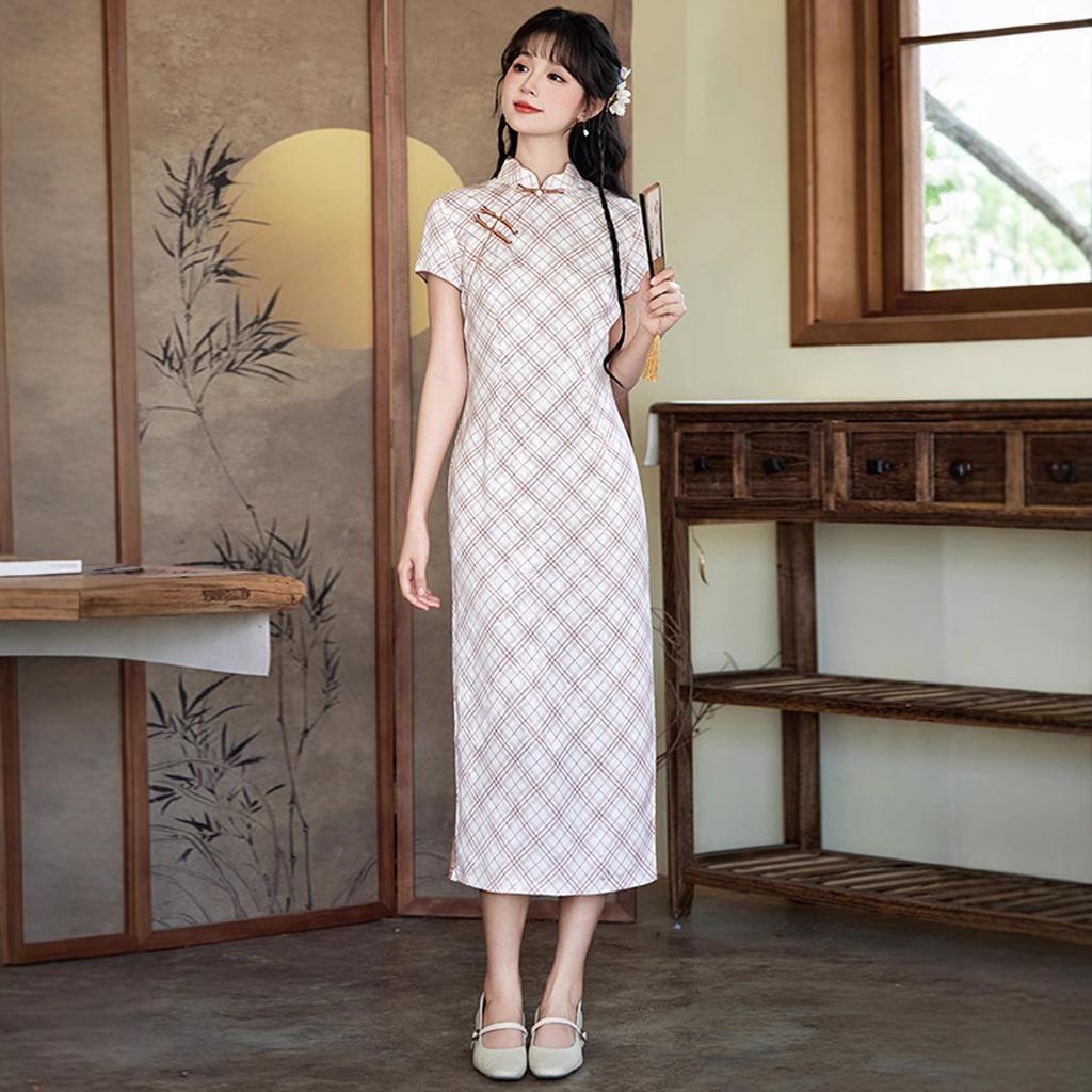 Spring and summer new plaid jacquard young cheongsam, girl small fresh and sweet style literary daily cheongsam woman
