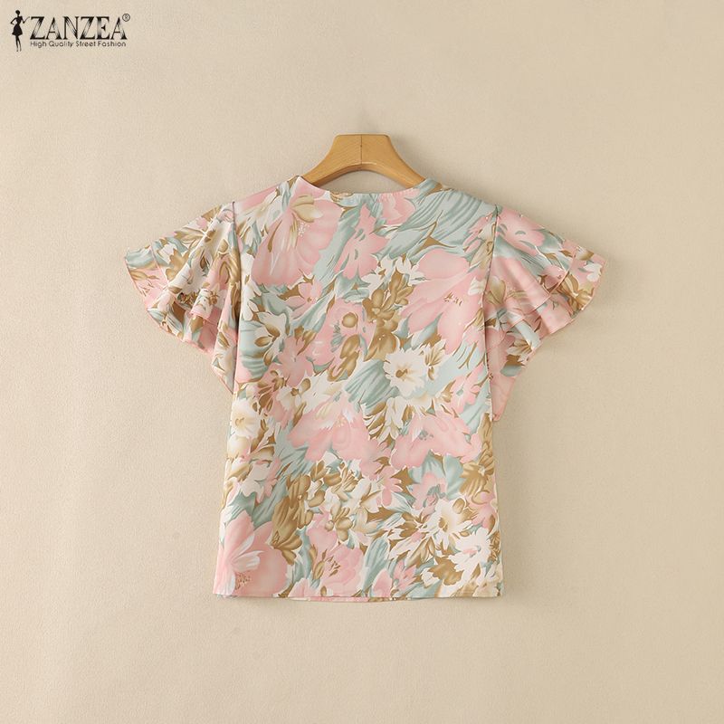 ZANZEA Women Casual Round Neck Floral Print Loose Ruffles Short Sleeve Blouse