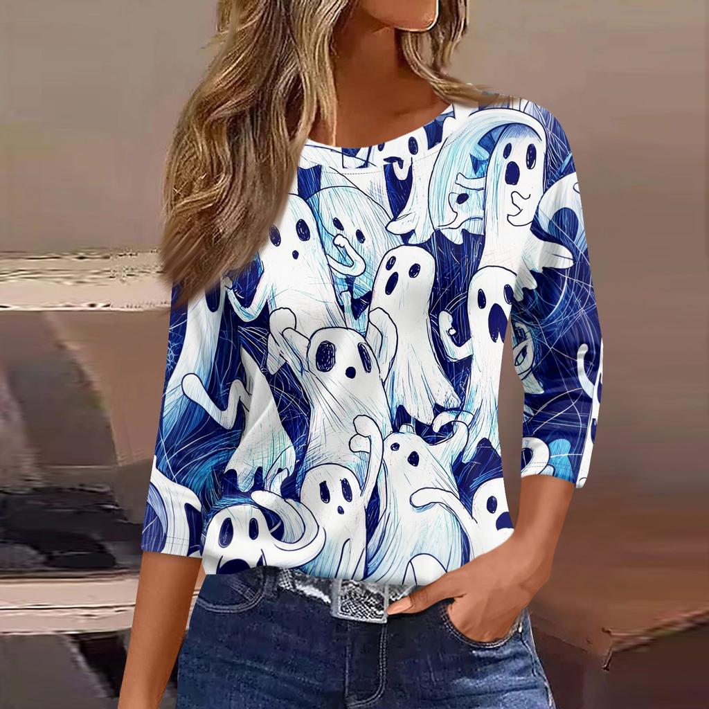 Women's Halloween Print 3/4 Sleeve Loose Fit Casual T-Shirt Round Neck Comfortable Top for Everyday Wear