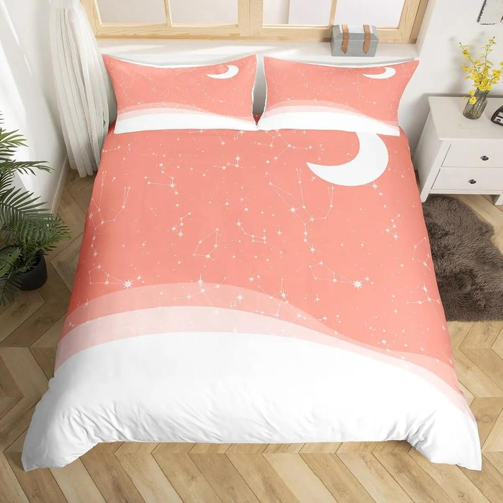 Sparkling Stars Bedding Set Galaxy Duvet Cover Pink Constellation Astrology Zodiac Nebula Comforter