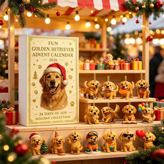Christmas Collection Set 2026 Advent Calendar Box with 24 Dog Acrylic Ornaments, 2D Flat Hanging Gold Plated Pendants Charms, Countdown Blind Gift for
