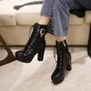 Sexy Single Boots Lace Up Solid Leather High Thick Heel Platform Ankle Short Boots Unisex Plus Size Padlocks Boots