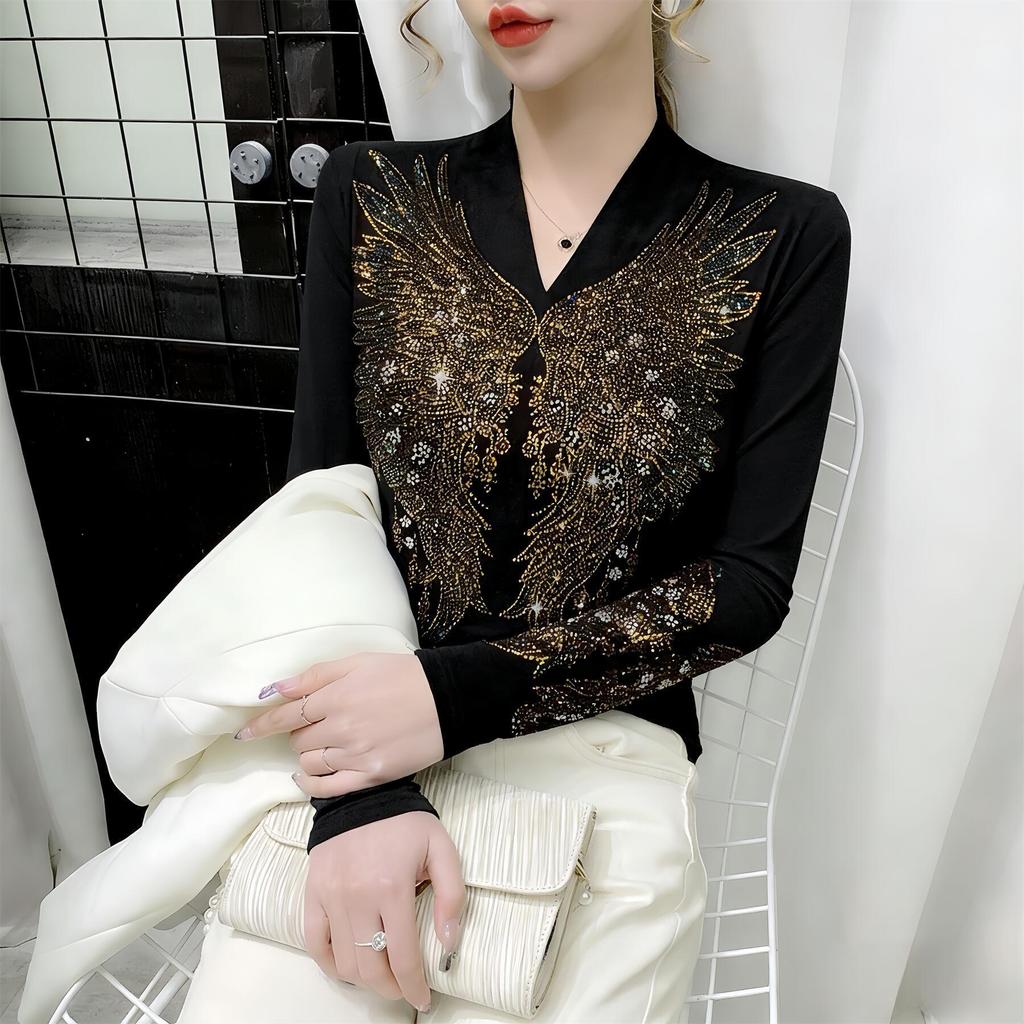German Velvet V-neck Slim Fit Long Sleeve Women's T-shirt - Light Luxury Hot Drilling, Autumn/Winter Fashion Versatile Base Layer.