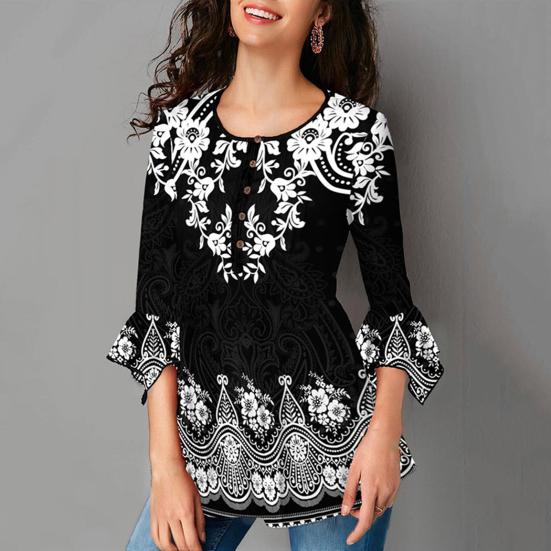 Vintage Shirt Gradient Color Printing Irregular Flare Sleeve Women Slim All