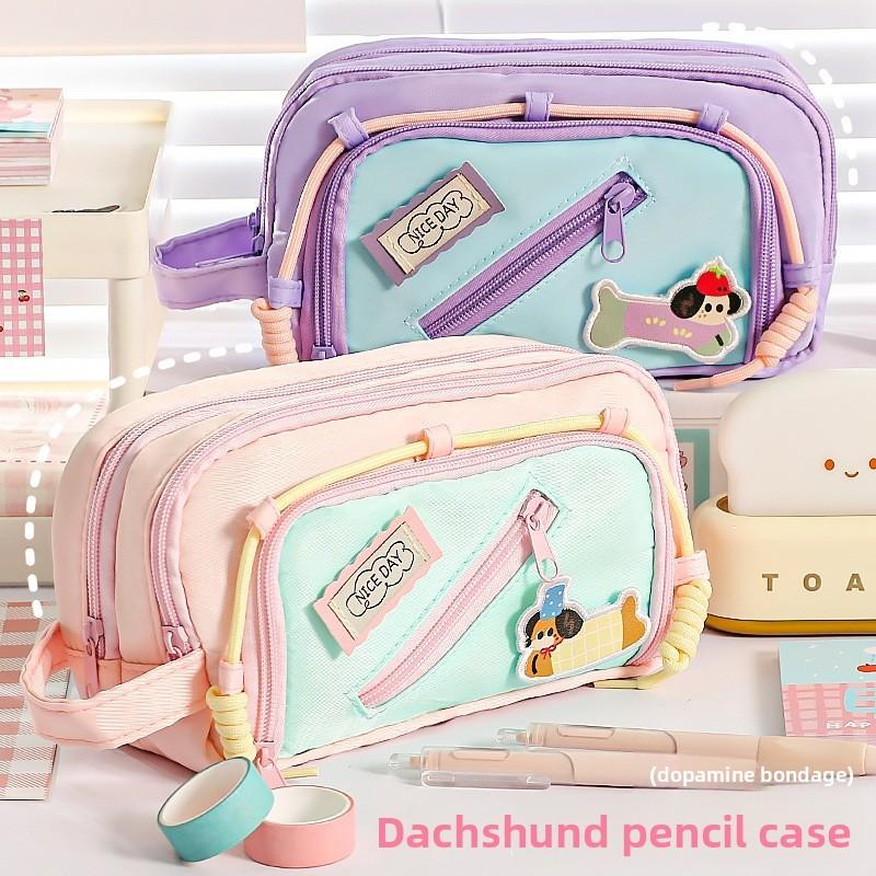 Style Dopamine Collie Dog Large Capacity Pen Bag With Magic Tape For Stationery Storage