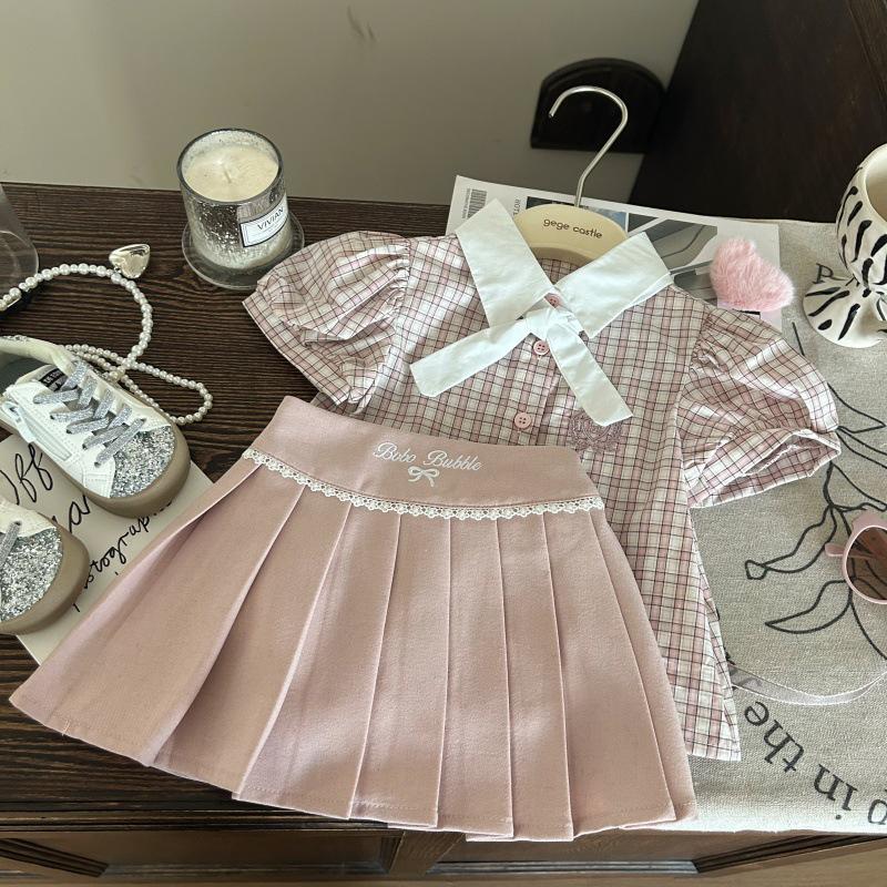 2025 Girls' Korean Academy Style Plaid Shirt & Pink Pleated Skort Set