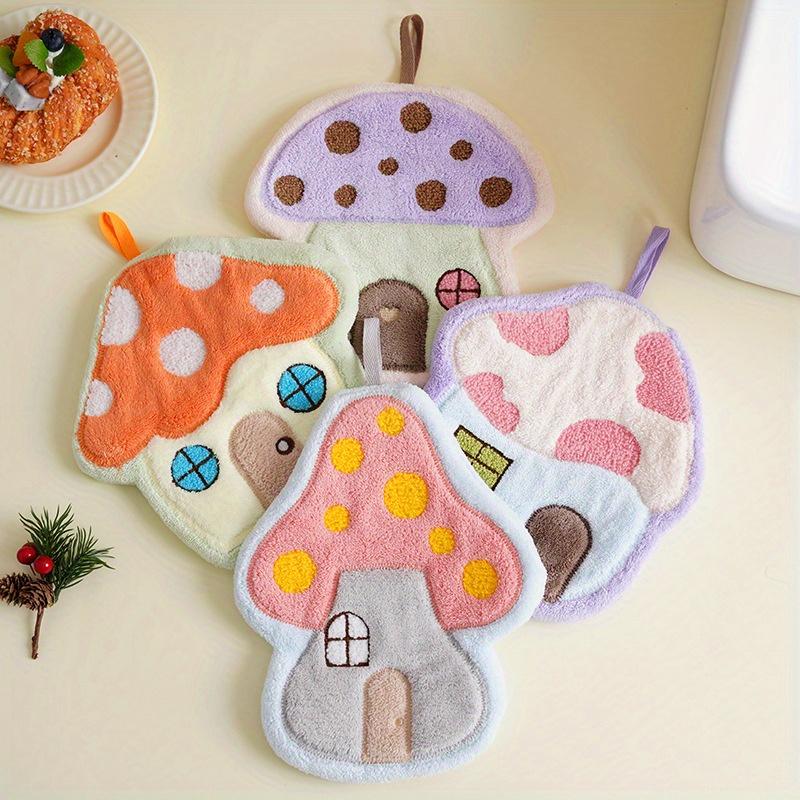 4pcs Mushroom House Hanging Coral Fleece Hand Towel Lint-Free Absorbent Bathroom Towels Gift