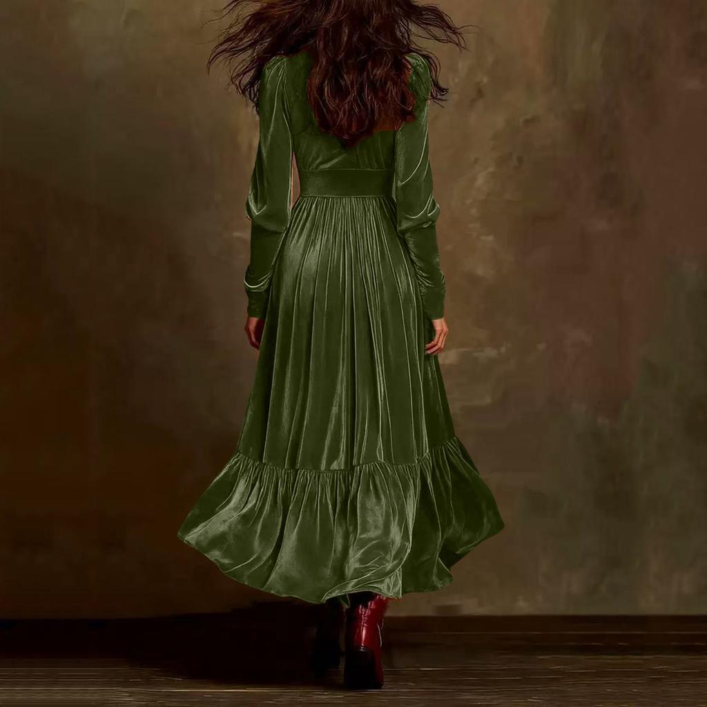 Damen Plissiertes V-Ausschnitt Fließendes Langarm A-Linien Samtkleid mit Gürtel, Französisches Retro Rüschen Swingkleid