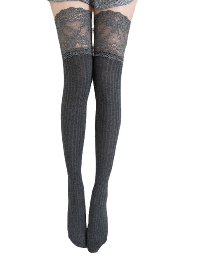 Japanese-Style Lace Trim Thigh-High Knit Cotton Socks for Women - Autumn/Winter Slouch Design