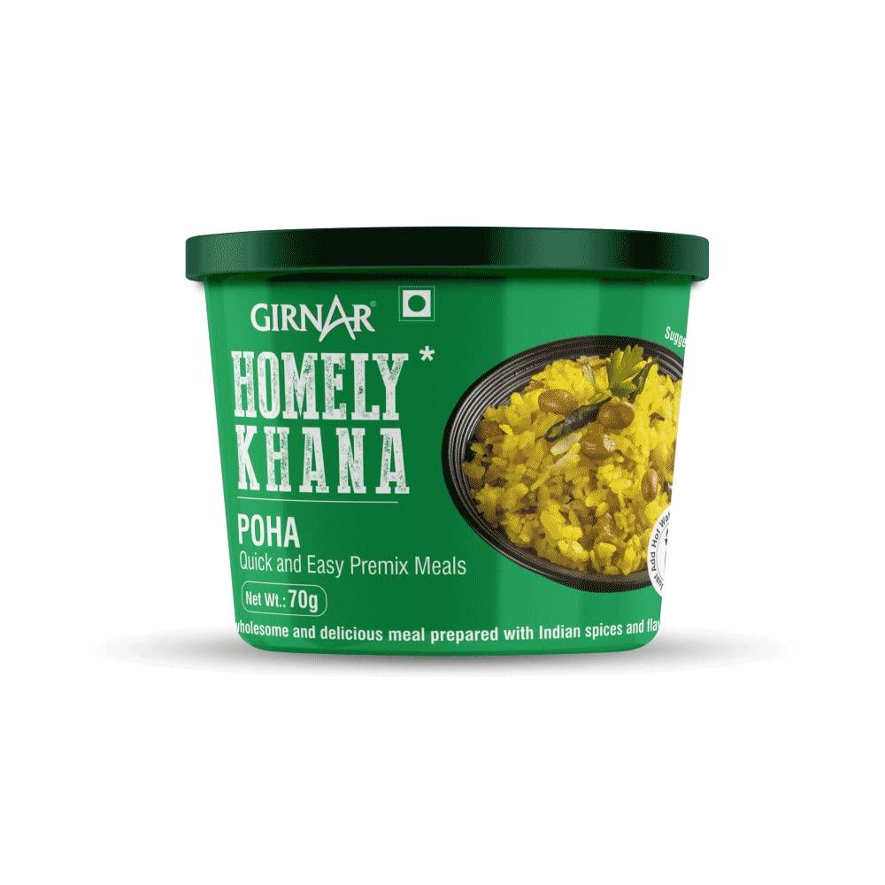 

Girnar Homely Khana Poha Ready To Eat Indian Breakfast Snack Vegetarian Rice Flakes Meal 70 g Pack Instant Food