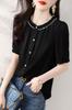 Blouse Summer Tops Short Sleeve Crew Neck Shirt Frill Collar Button Front Opening Top Stylish Feminine Clean Adult Casual OL Commuting [H. Zroy]
