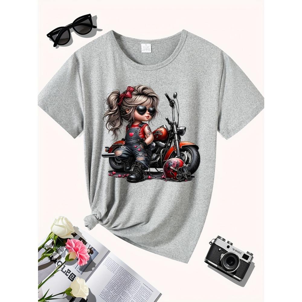 Print with Heart Details Stretch Round Neck Casual & Festive Wear Women's Black Motorcycle Graphic T-Shirt
