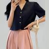 New ArriVals Open Run Women Trendy V Neck Heart Button Short sleeVe Semi Crop Bl