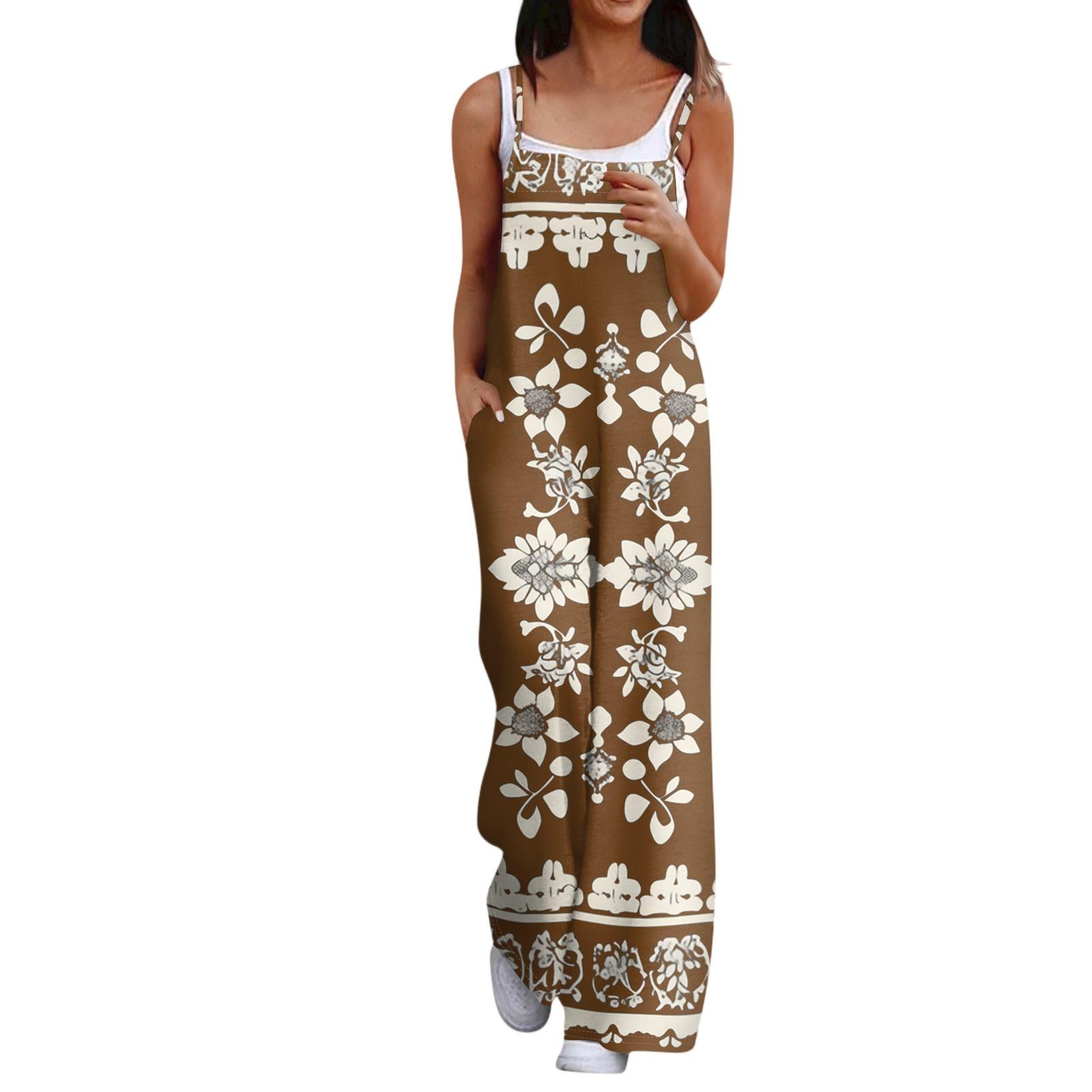 

Широкий комбинезон для женщин, повседневный свободный комбинезон без рукавов с принтом и пуговицами, длинные брюки, комбинезон с карманами L коричневый