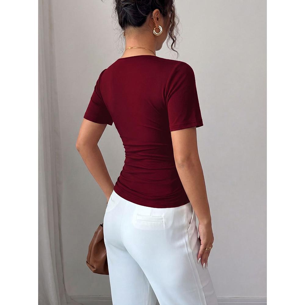 Women's Elegant Pearl Deep V Neck Tops Summer Ruched Short Sleeve Fitted Dressy Casual T Shirts