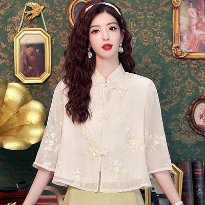 Neue Sommermode Chinesischer Stil Stickerei Chiffon Bluse Hemd Damen Oberteile Blusen Hemden J330