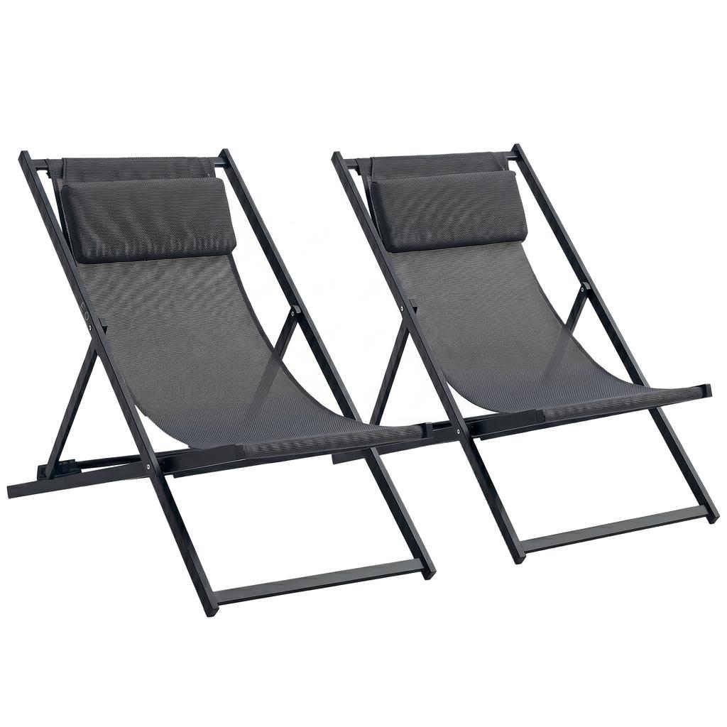 Sun Loungers, Set of 2, Folding Aluminum, 5-Position Backrest, Headrest, 60 X 100 X 85 Cm, Grey