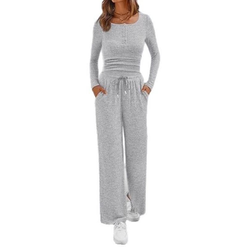 New Fall Sports Set Solid-Color Top and Wide-Leg Pants Two-Piece Set for Women