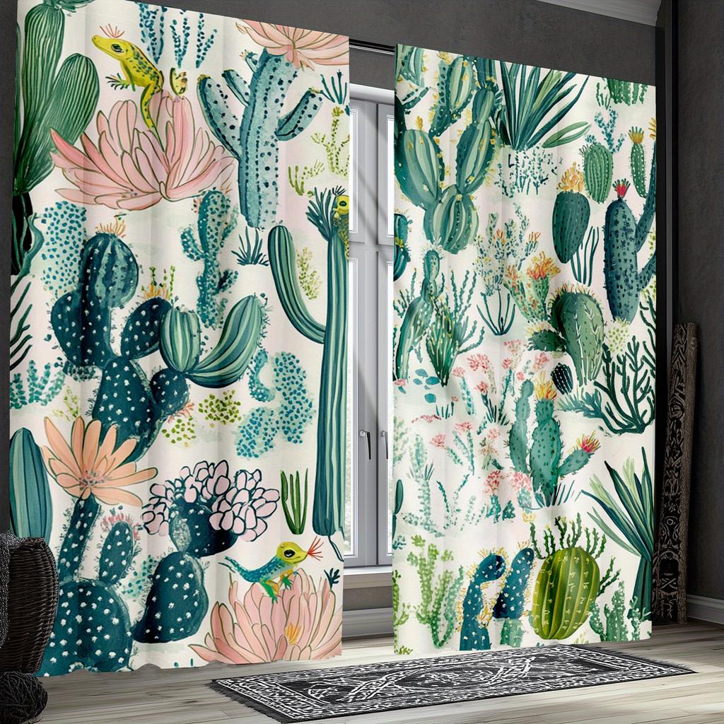 2 Stück Tropische Wüsten-Blumenlandschaft Vorhänge, Vintage Sukkulenten und Kaktus Design, für Wohnzimmer und Küche