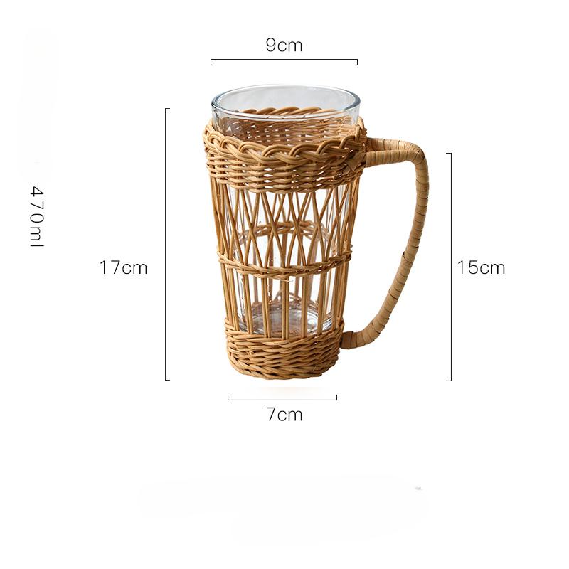 Rattan with Handle Retro Glass Woven Cup Household Breakfast Milk Cup Thermal Insulation Water Cup