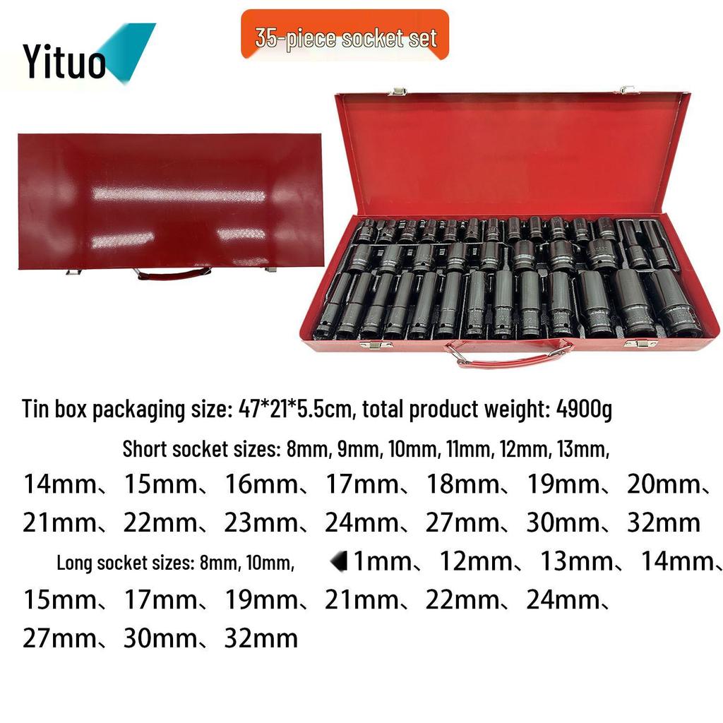 35-Piece Heavy Duty 1/2" Air Impact Socket Set - Black Hex, Extended Screwdriver Electric Wrench Tool