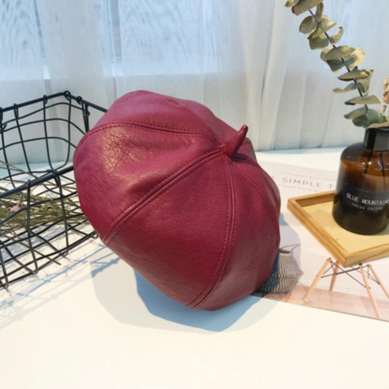 Hat Women's Fashion Retro Hong Kong Style Beret Autumn and Winter Korean Version Pu Leather British Painter Hat Versatile Literary