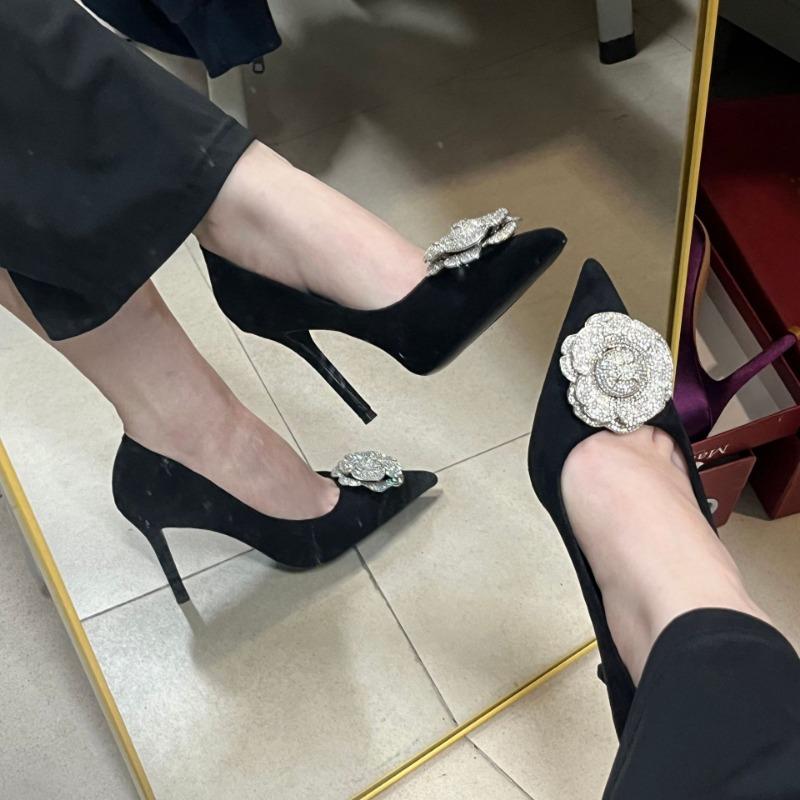 

Early spring camellia rhinestone high heels women s new dinner party pointed thin heel with skirt single shoes women 39