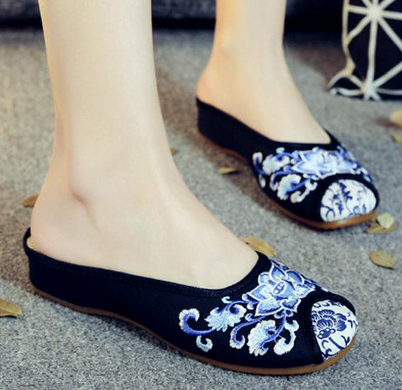 Floral Embroidered Summer Flat Slippers for Women