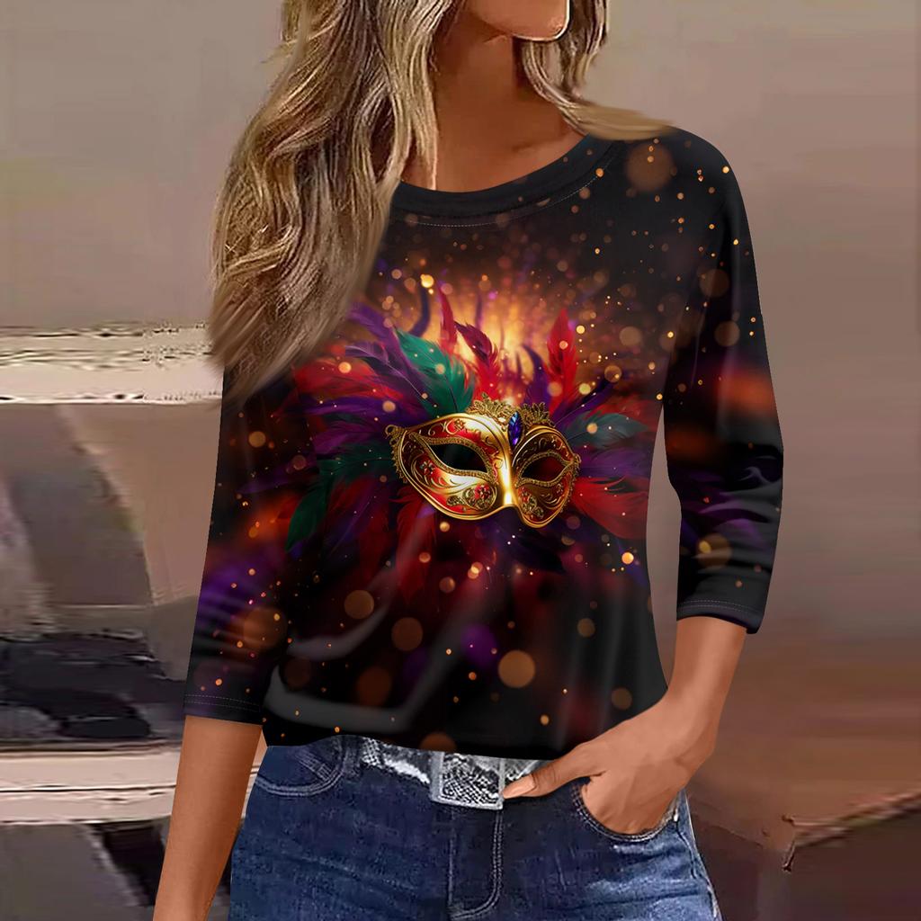 3/4 Length Sleeve Womens Tops Floral Print Vintage Fashion Casual Loose With Round Neck Plus Size Shirts