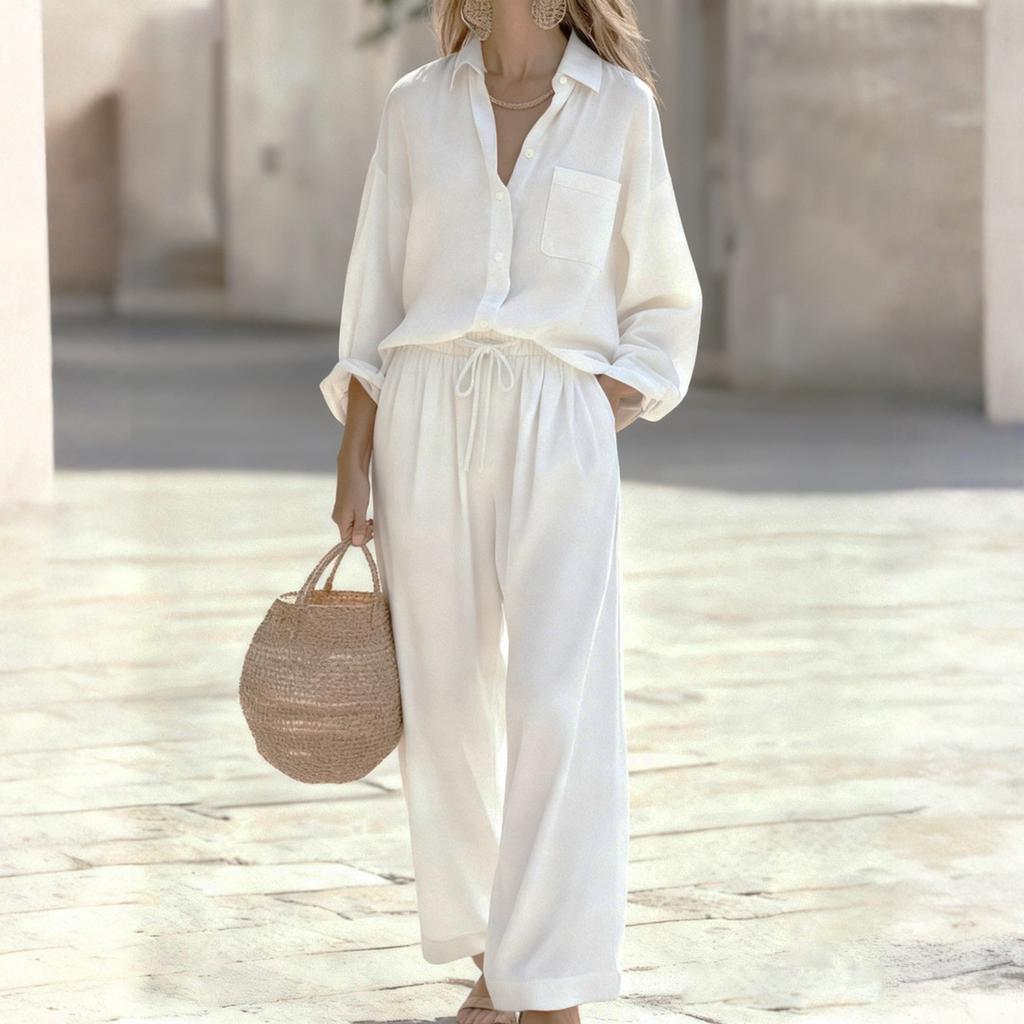 Fashion Women's Color Set, Women's Imitation Cotton And Linen Loose Long Sleeved Top Set, Women's