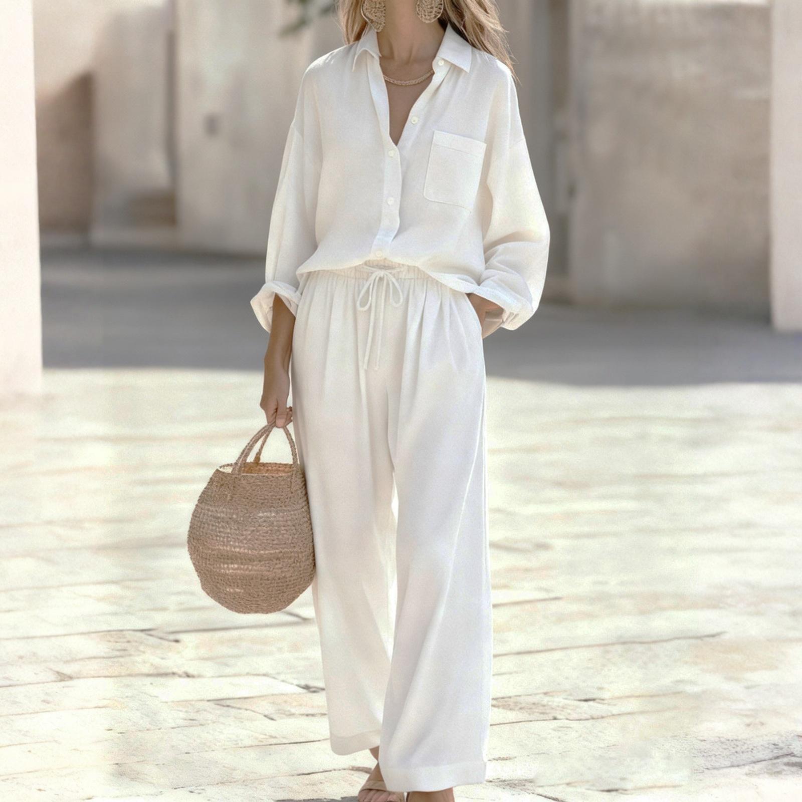 Fashion Women s Color Set, Women s Imitation Cotton And Linen Loose Long Sleeved Top Set, Women s L белый