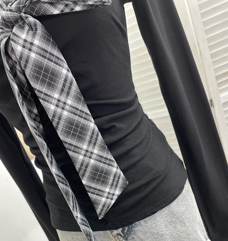 Spicy Girl V-Neck Bow Tie Lace-Up Long Sleeve Slim Pleated Top